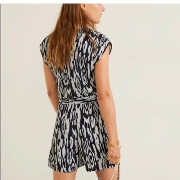 Mango Printed Bow Wrap Romper in Blue - Picture 2 of 6